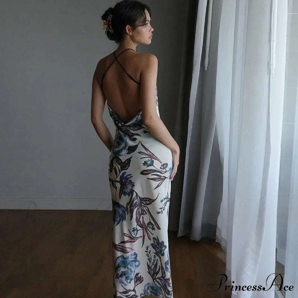 Summer Print Long Halter Backless Satin Split es Women 2024 Hot Vestidos Floral Dress Blue / S