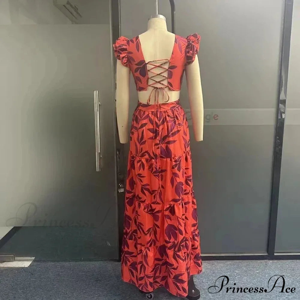 Summer Print Maxi Flying Sleeve Party Robe Vintage Boho Dress