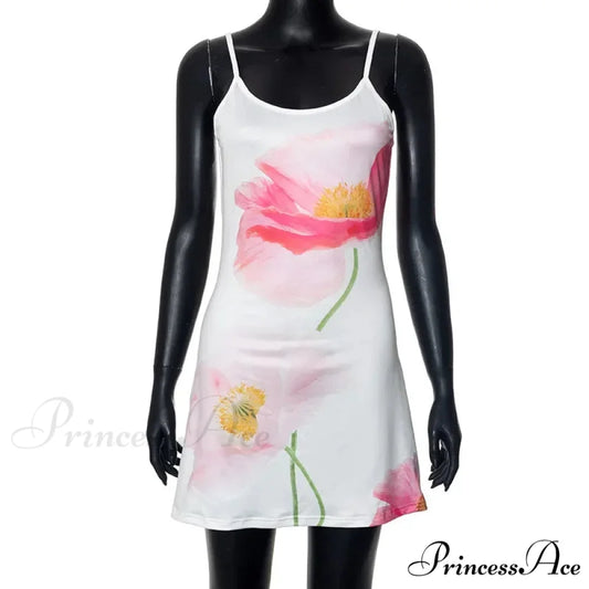 Summer Print Mini Y2K Streetwear Sleeveless Short Floral Dress WHITE / S