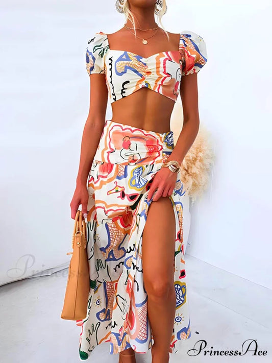 Summer Printed Top And Graceful Wrap Skirt Two-Piece Suit Multicolor / S