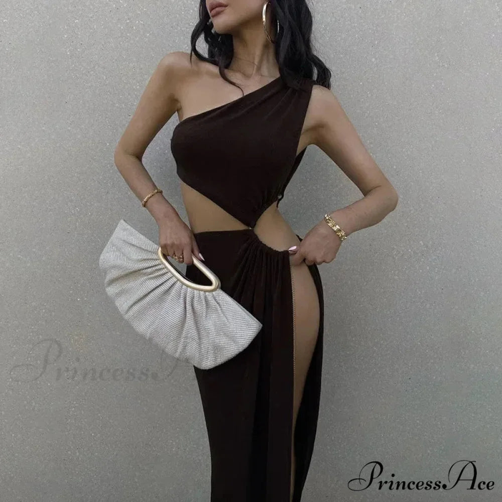 Summer-ready Sleeveless Backless Cut-out Split Gown-style Sensual Maxi Dress dark brown / S