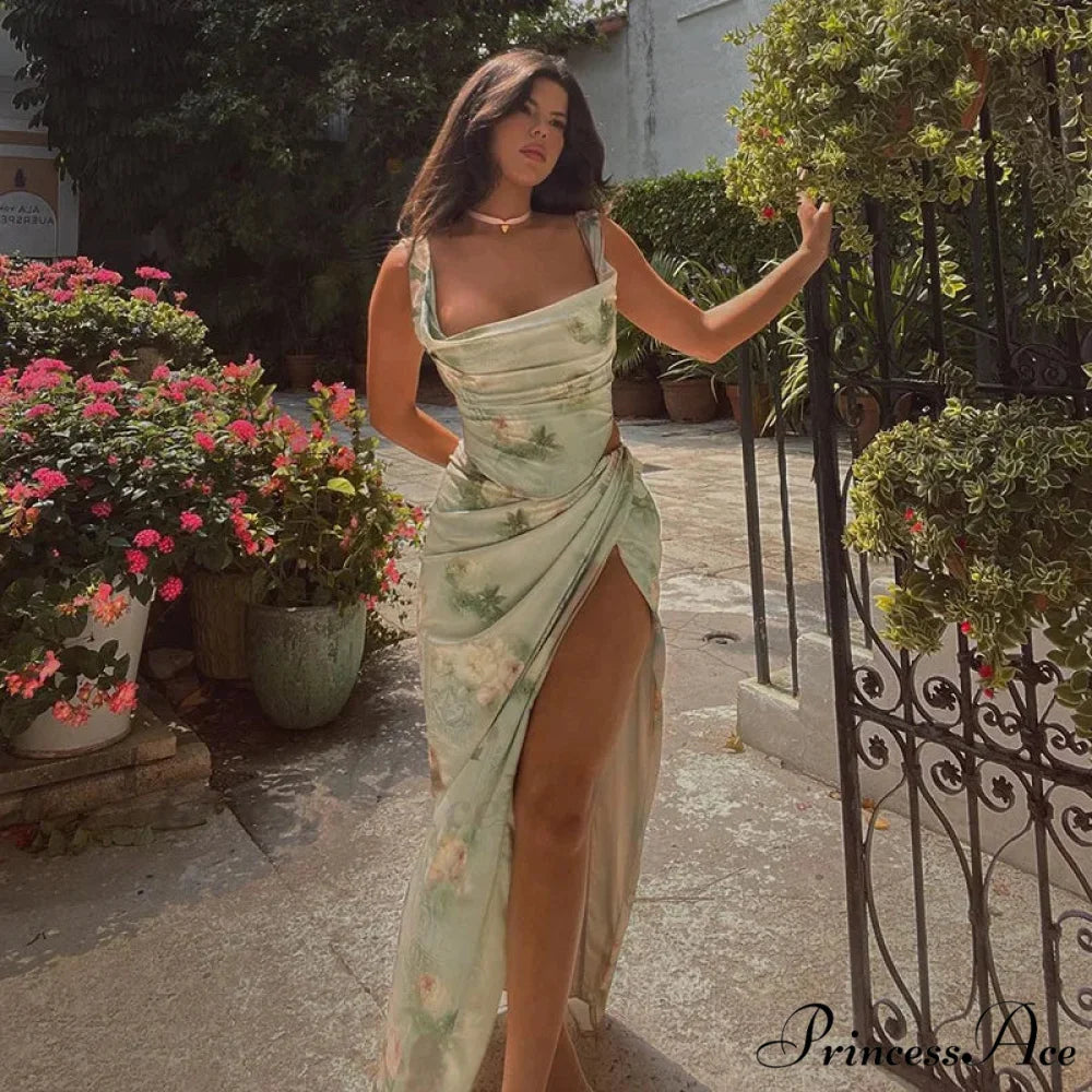 Summer Rose printed Cultivate One’s Morality Fashion Suits Condole Belt Vest Tall Waist Sexy Open Fork Skirt Floral