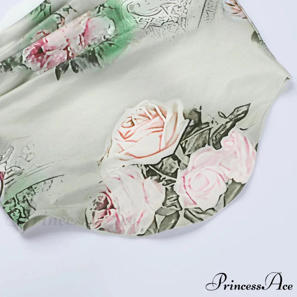 Summer Rose printed Cultivate One’s Morality Fashion Suits Condole Belt Vest Tall Waist Sexy Open Fork Skirt Floral