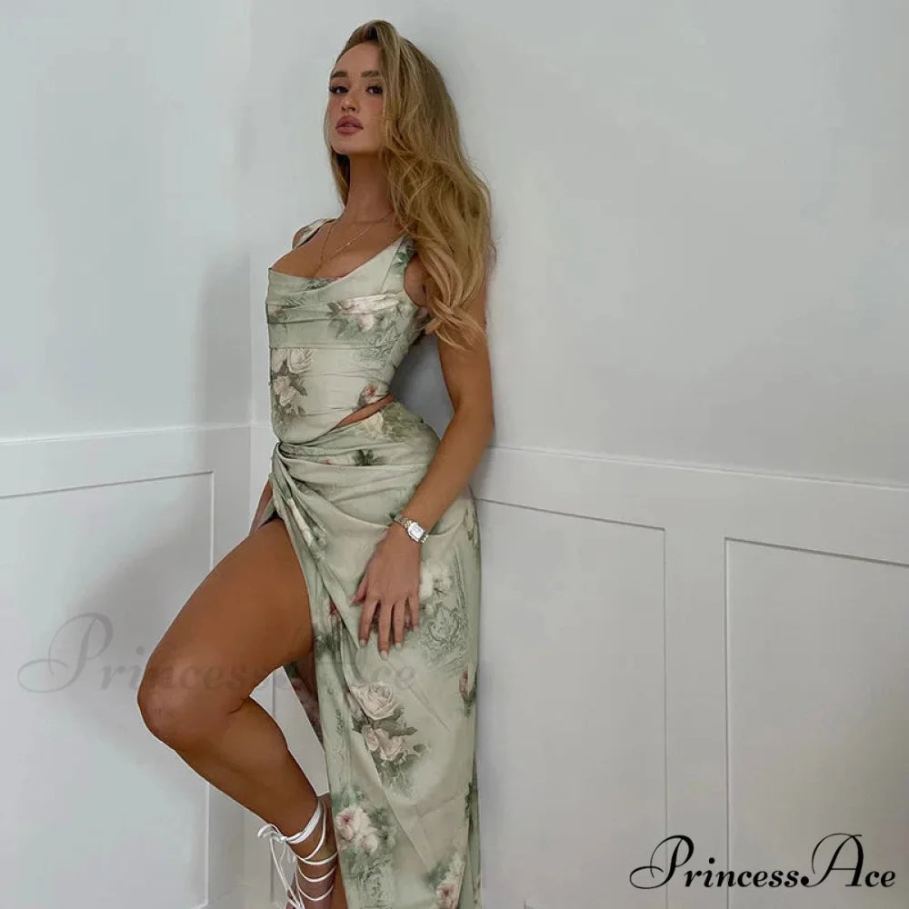 Summer Rose printed Cultivate One’s Morality Fashion Suits Condole Belt Vest Tall Waist Sexy Open Fork Skirt Floral