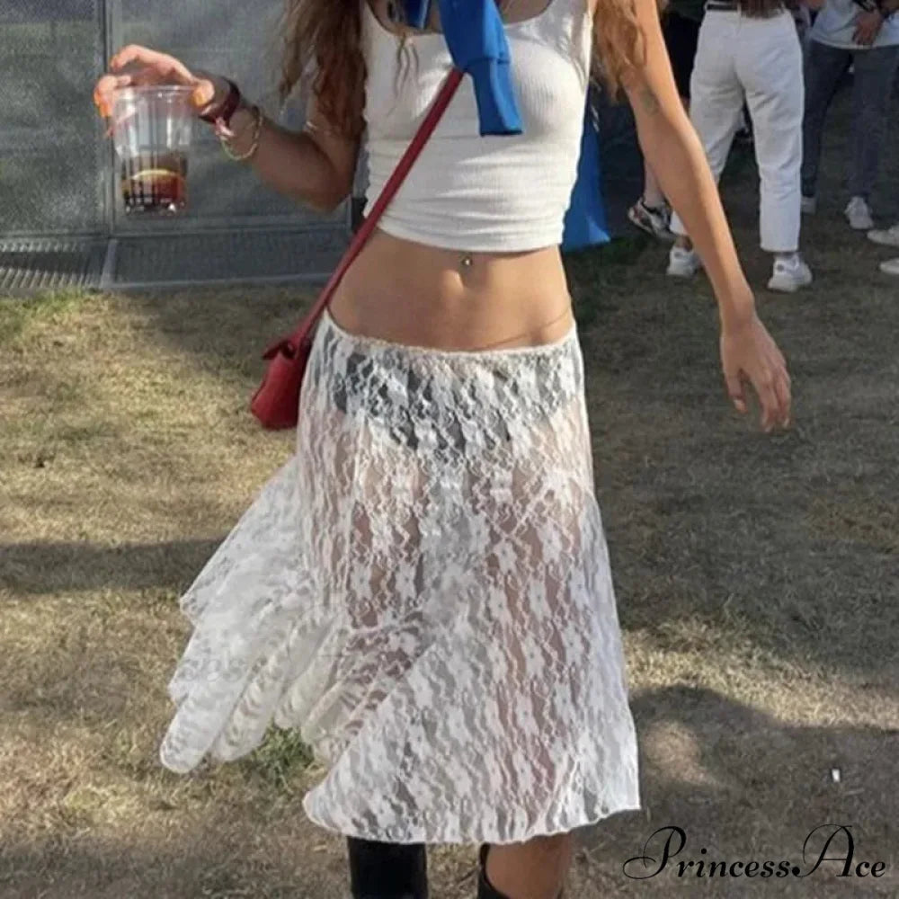 Summer See Through Boho Fairy Grunge Lace Maxi Skirt WHITE / S