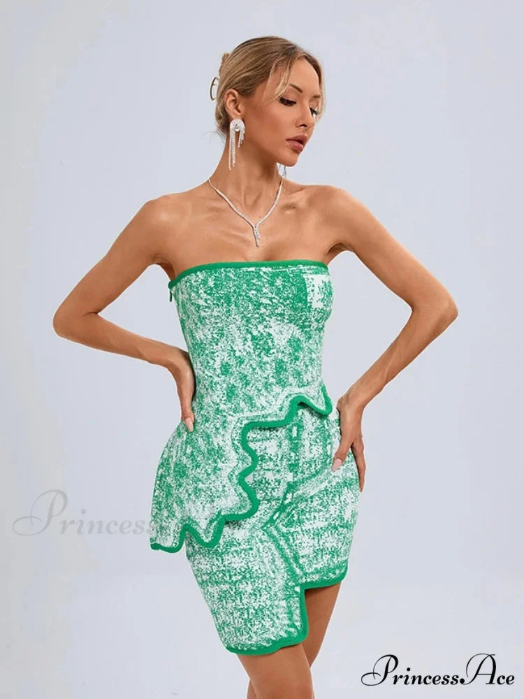 Summer Sexy Asymmetric Strapless Top Mini Skirts Two Piece Christmas Party Dress Green / XS