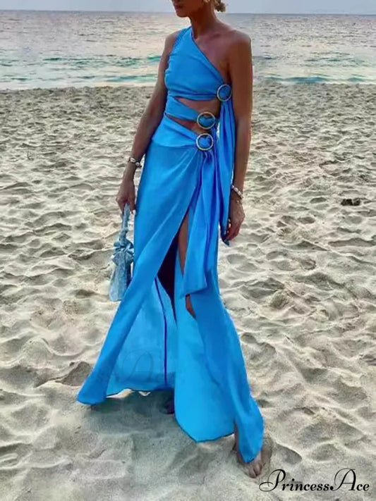 Summer Sexy Bandage Charming Irregular Sleeveless Dress Blue / S