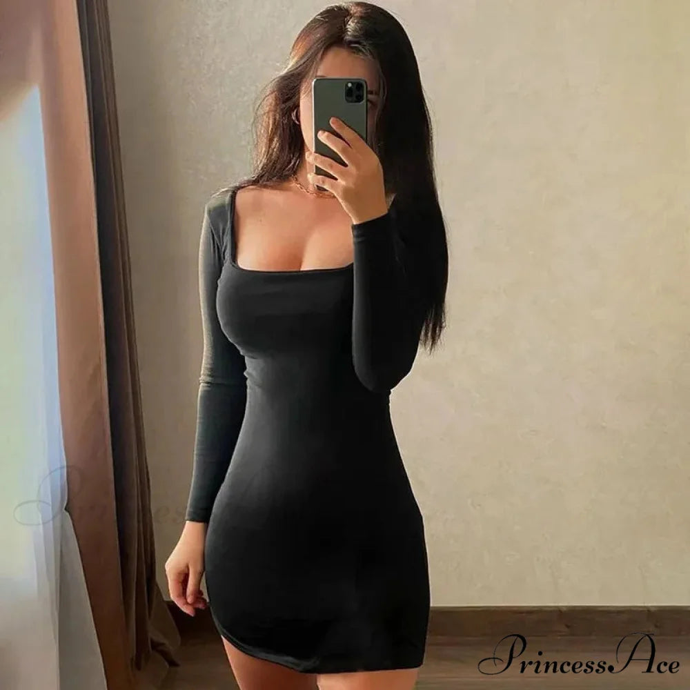 Summer Sexy Long Sleeve Backless Casual Elegant Party Mini Bodycon Dress Black / S