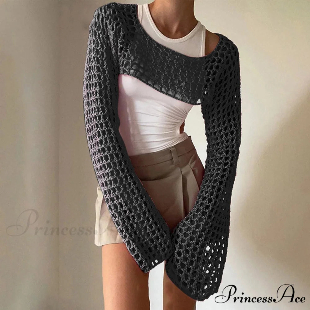 Summer Sexy Long Sleeve Smock Knitted Crop Top