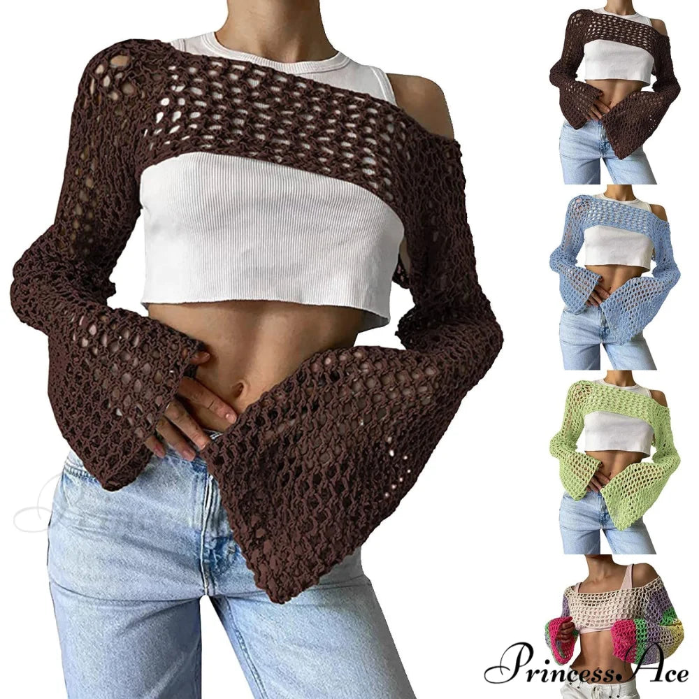 Summer Sexy Long Sleeve Smock Knitted Crop Top