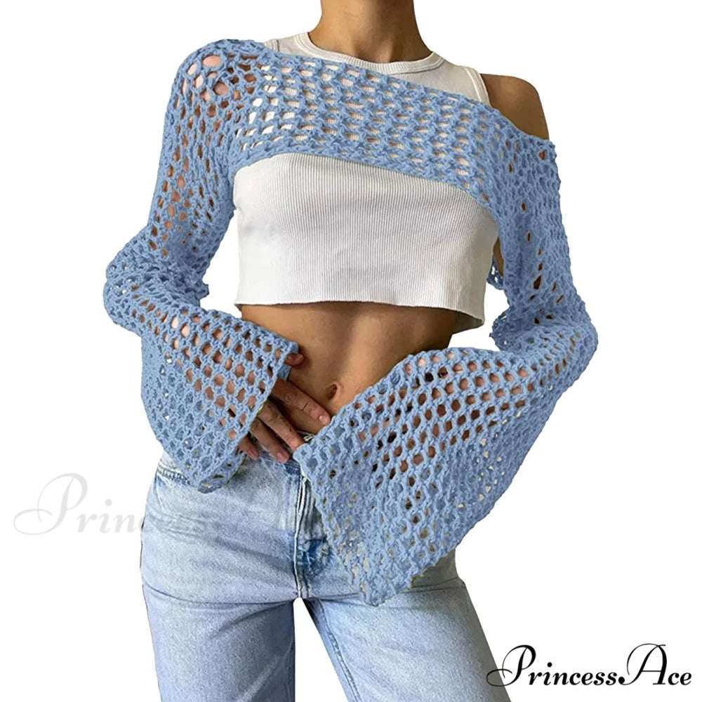 Summer Sexy Long Sleeve Smock Knitted Crop Top A-Blue / S