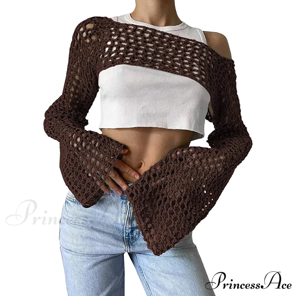 Summer Sexy Long Sleeve Smock Knitted Crop Top A-Coffee / S