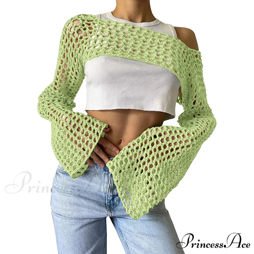 Summer Sexy Long Sleeve Smock Knitted Crop Top A-Green / S
