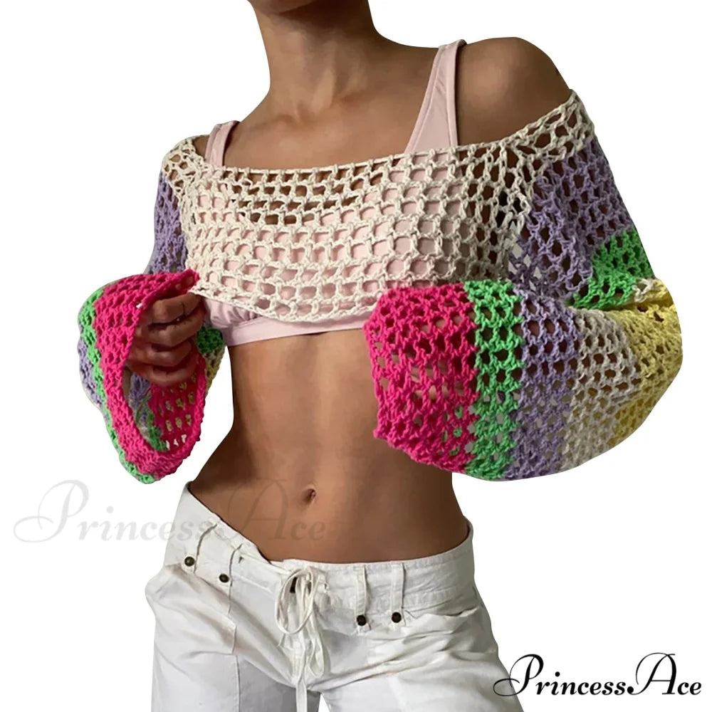 Summer Sexy Long Sleeve Smock Knitted Crop Top A-Yellow / S