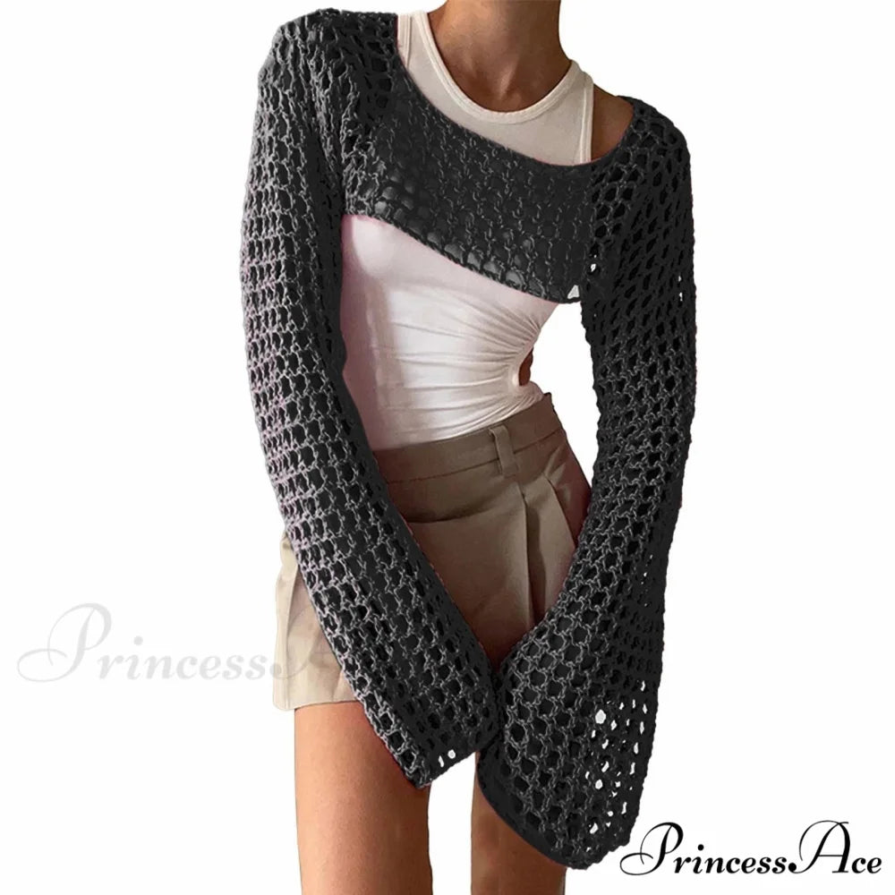 Summer Sexy Long Sleeve Smock Knitted Crop Top B-Black / S