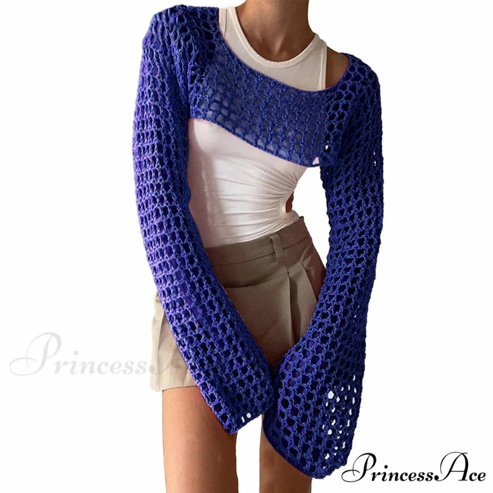 Summer Sexy Long Sleeve Smock Knitted Crop Top B-Blue / S
