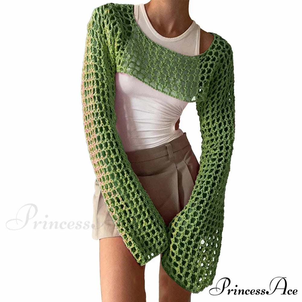 Summer Sexy Long Sleeve Smock Knitted Crop Top B-Green / S