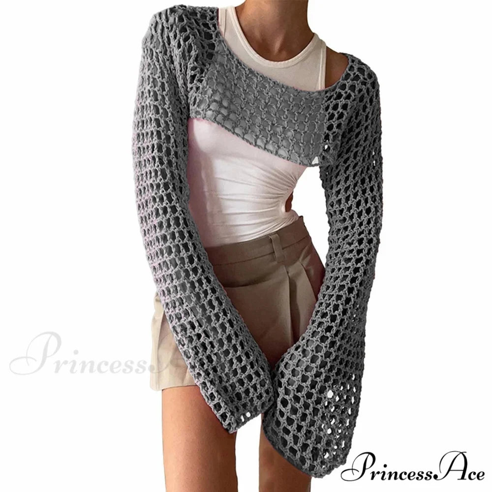 Summer Sexy Long Sleeve Smock Knitted Crop Top B-Grey / S