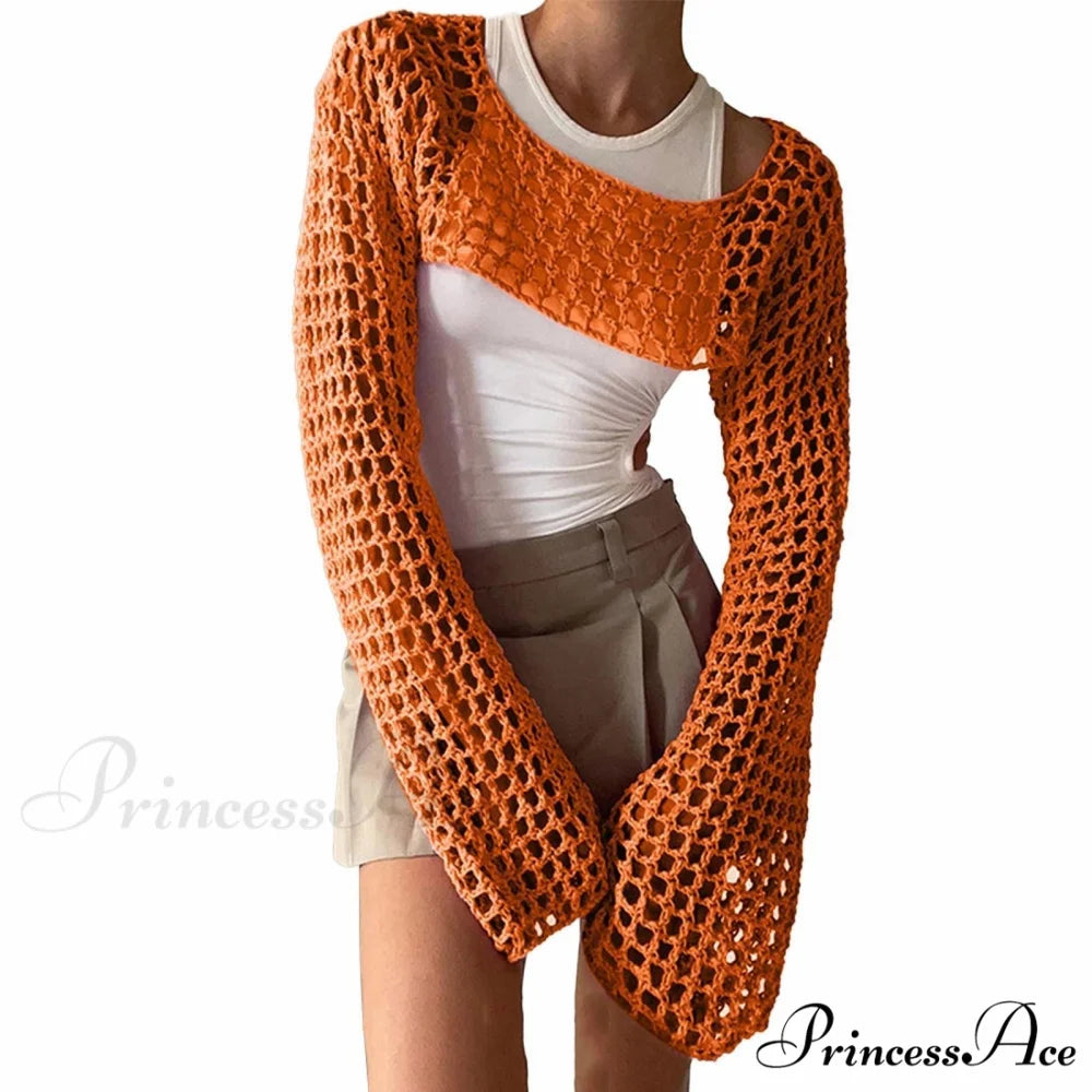 Summer Sexy Long Sleeve Smock Knitted Crop Top B-Orange / S