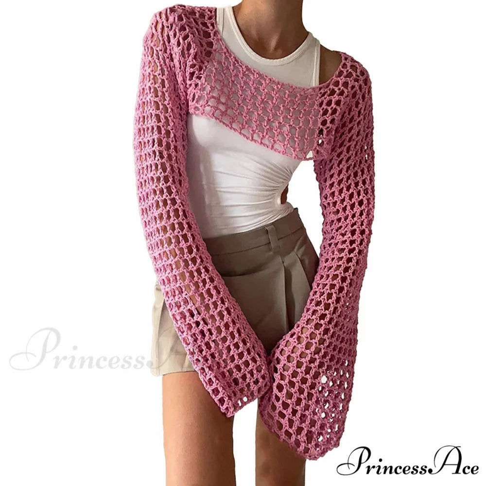Summer Sexy Long Sleeve Smock Knitted Crop Top B-Pink / S
