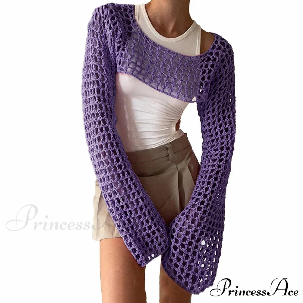Summer Sexy Long Sleeve Smock Knitted Crop Top B-Purple / S