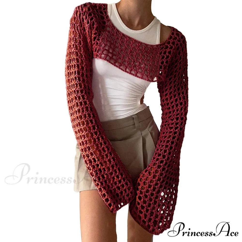 Summer Sexy Long Sleeve Smock Knitted Crop Top B-Red / S