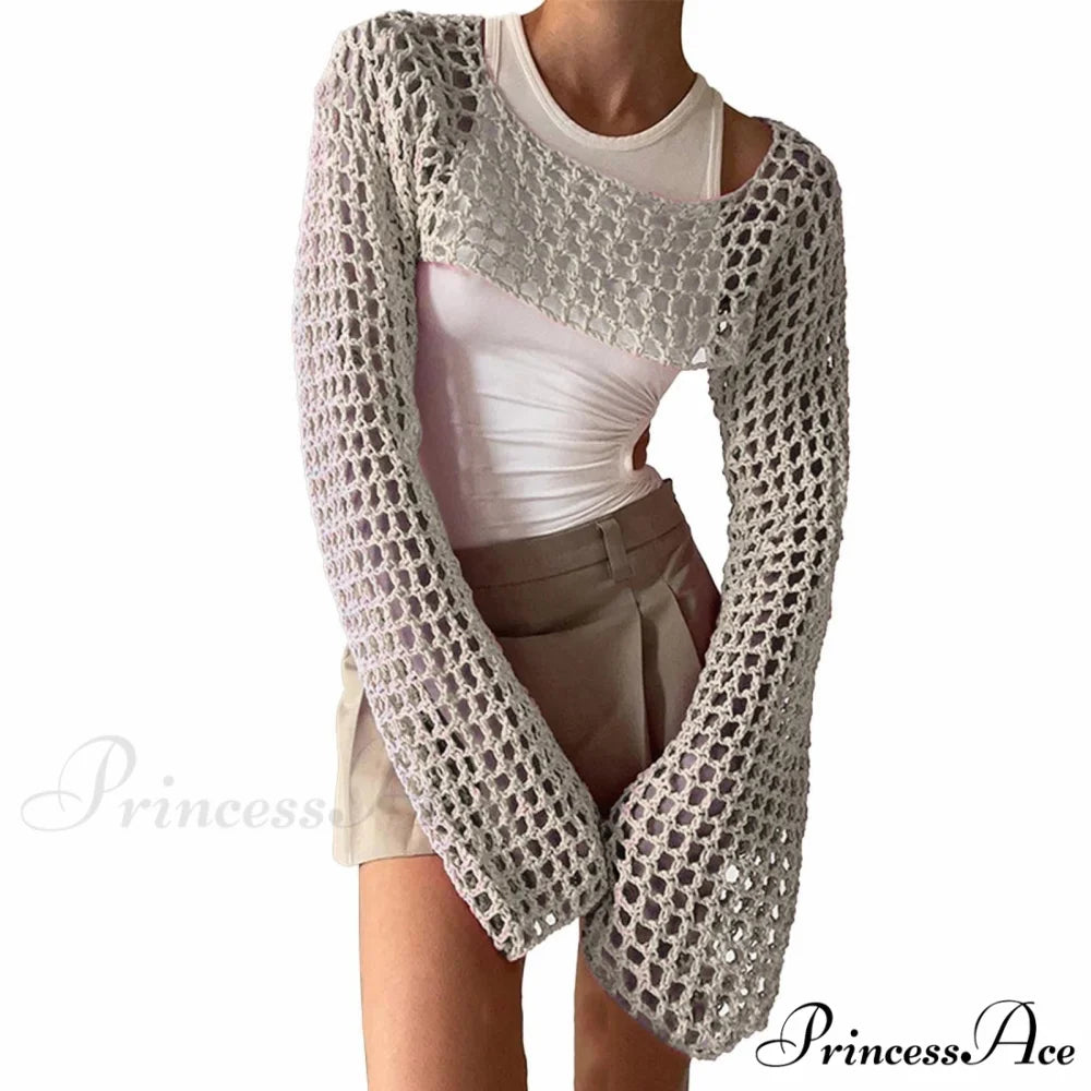 Summer Sexy Long Sleeve Smock Knitted Crop Top B-White / S