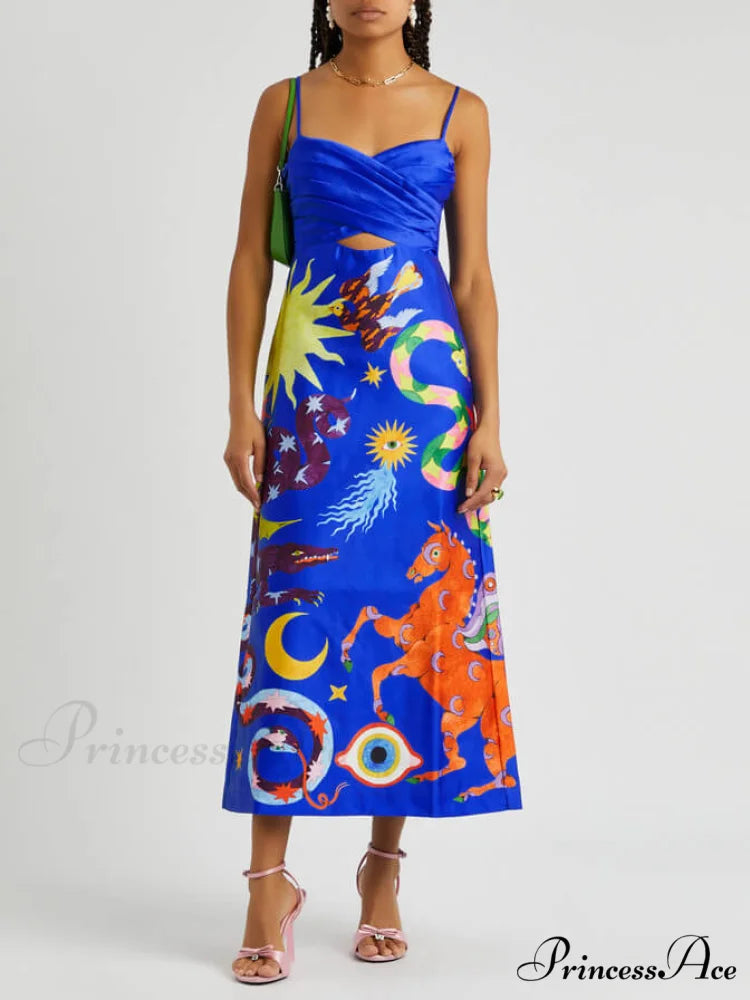 Summer Sexy Satin Backless Graceful Printed Sleeveless Midi Dress Blue / L