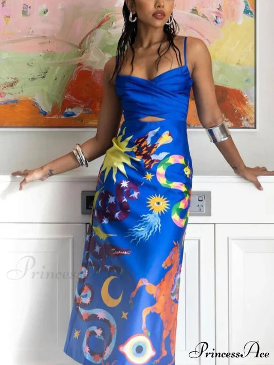 Summer Sexy Satin Backless Graceful Printed Sleeveless Midi Dress Blue / M