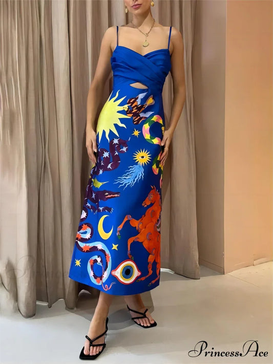 Summer Sexy Satin Backless Graceful Printed Sleeveless Midi Dress Blue / S