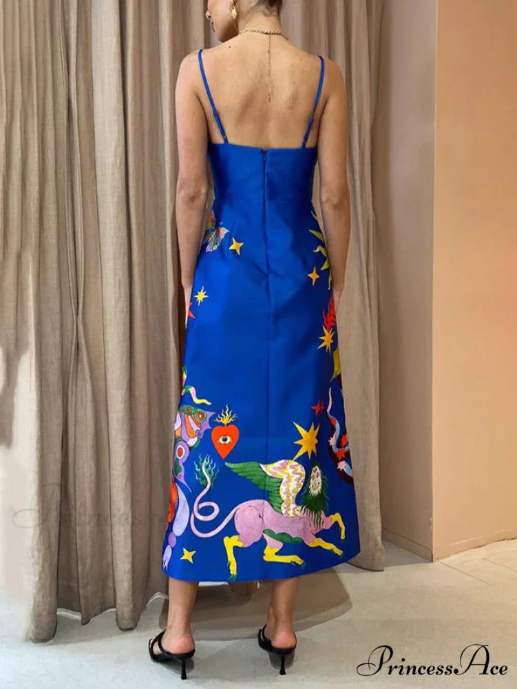 Summer Sexy Satin Backless Graceful Printed Sleeveless Midi Dress Blue / XL