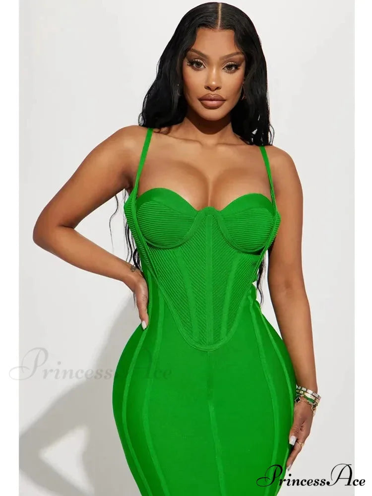 Summer Sexy Sleeveless Backless Green Midi Bodycon Bandage Elegant Christmas Party Dress