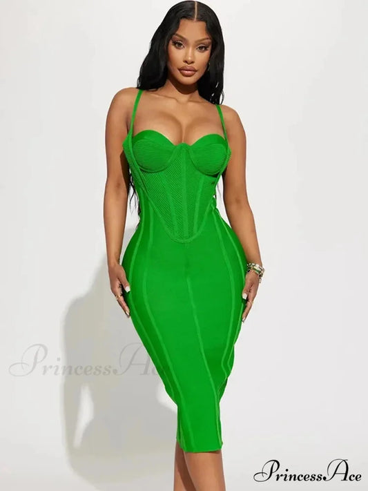 Summer Sexy Sleeveless Backless Green Midi Bodycon Bandage Elegant Christmas Party Dress Green / S