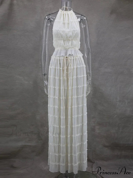 Summer Sexy Sleeveless Backless Top High Waist Skirt Beach Christmas Party Dress Beige / XS