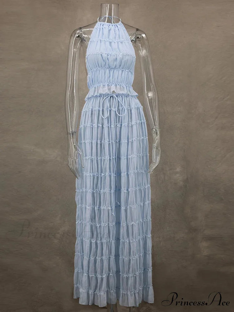 Summer Sexy Sleeveless Backless Top High Waist Skirt Beach Christmas Party Dress Blue / XS