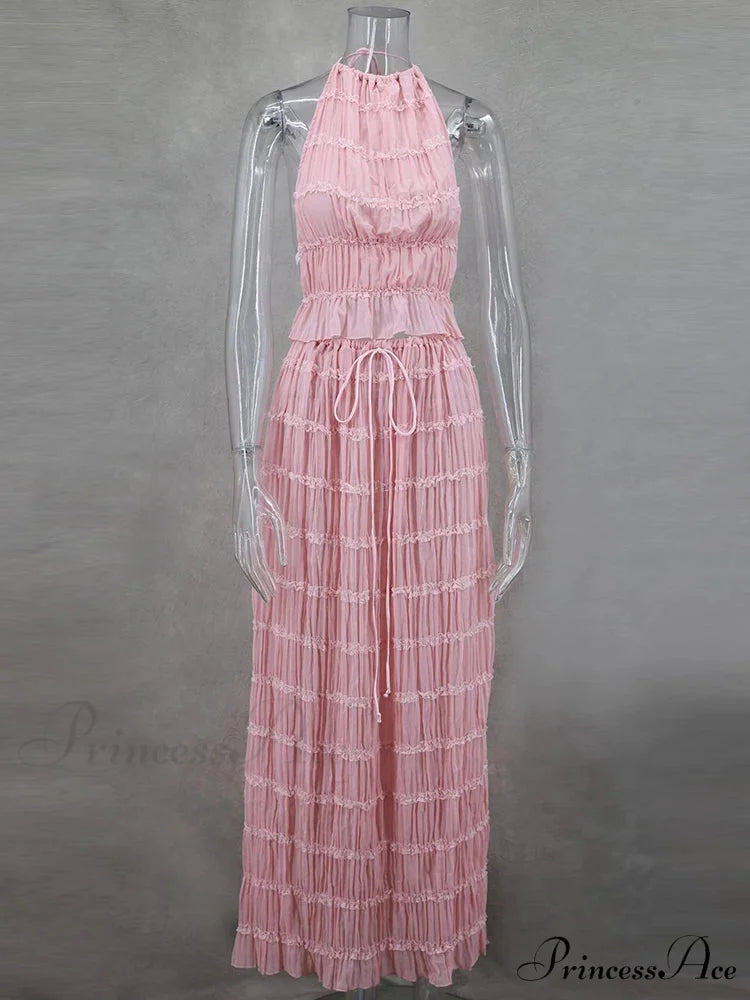 Summer Sexy Sleeveless Backless Top High Waist Skirt Beach Christmas Party Dress Pink / XS