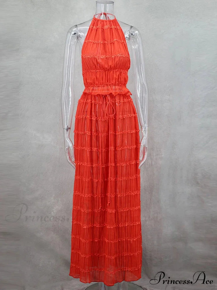 Summer Sexy Sleeveless Backless Top High Waist Skirt Beach Christmas Party Dress Red / XS