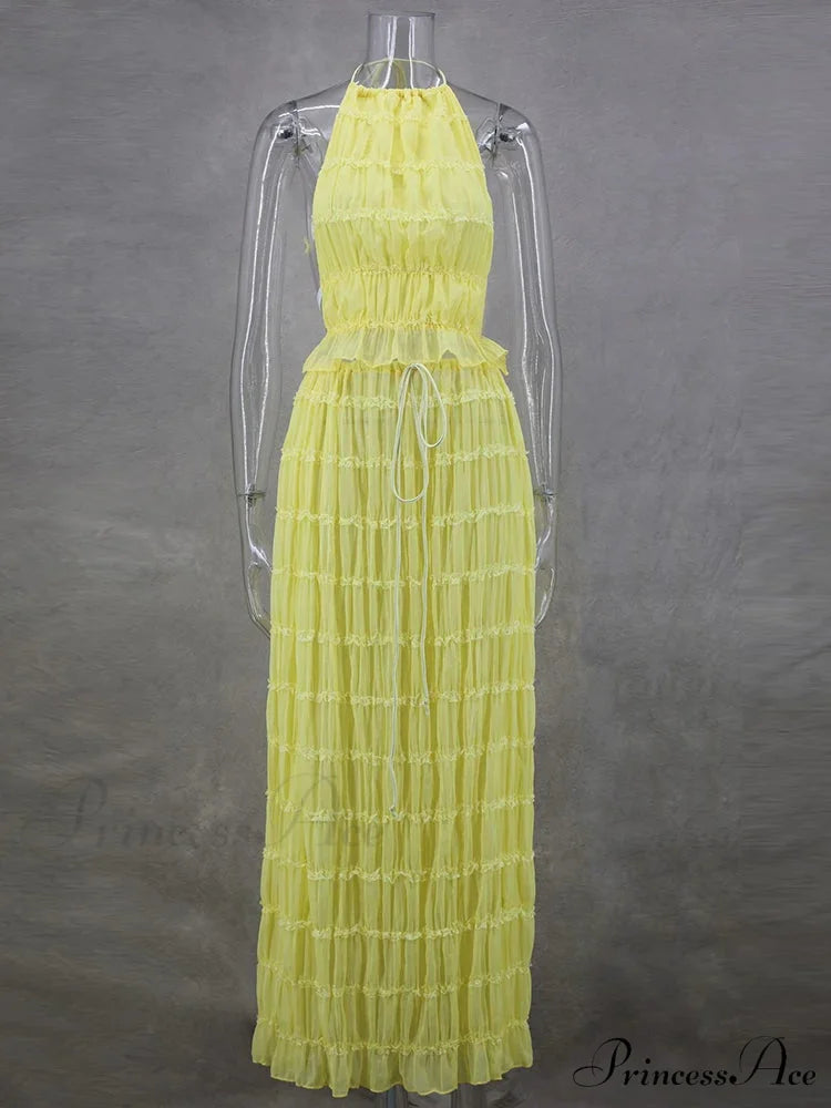 Summer Sexy Sleeveless Backless Top High Waist Skirt Beach Christmas Party Dress Yellow / XS