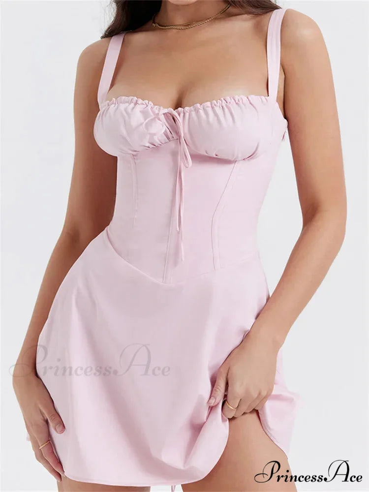 Summer Sexy Square Neck Ruched A Line Mini Dress Pink / S