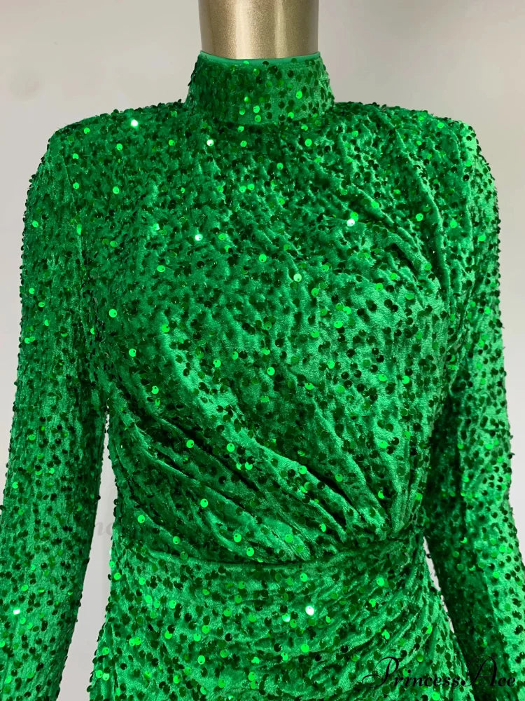 Summer Sexy Turtleneck Long Sleeve Velvet Green Mini Sequins Bodycon Christmas Party Dress