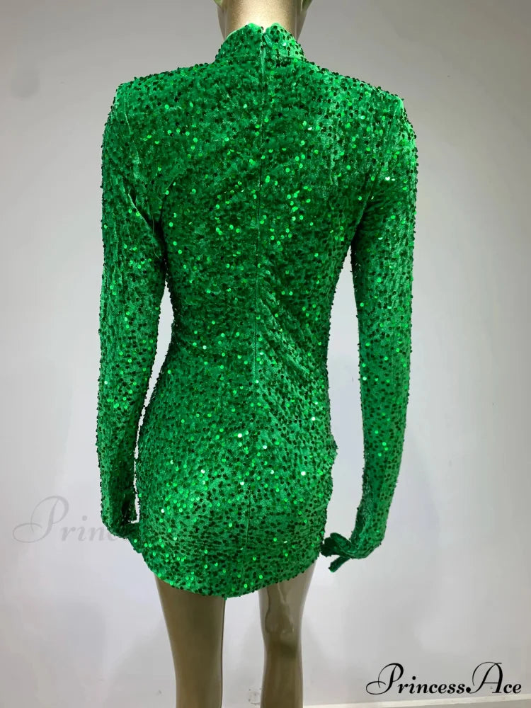 Summer Sexy Turtleneck Long Sleeve Velvet Green Mini Sequins Bodycon Christmas Party Dress