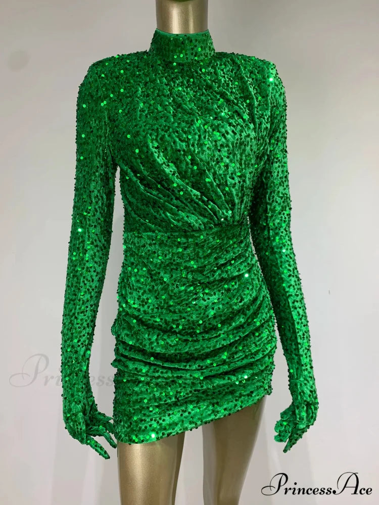 Summer Sexy Turtleneck Long Sleeve Velvet Green Mini Sequins Bodycon Christmas Party Dress