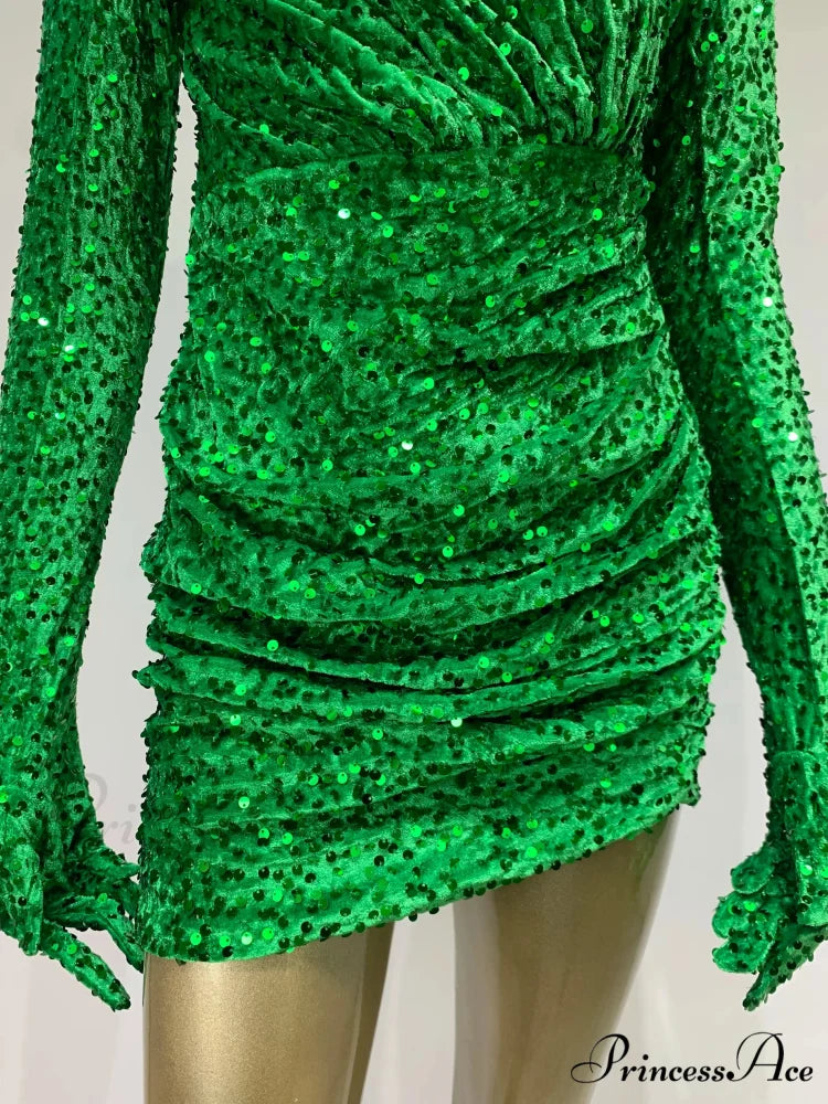 Summer Sexy Turtleneck Long Sleeve Velvet Green Mini Sequins Bodycon Christmas Party Dress