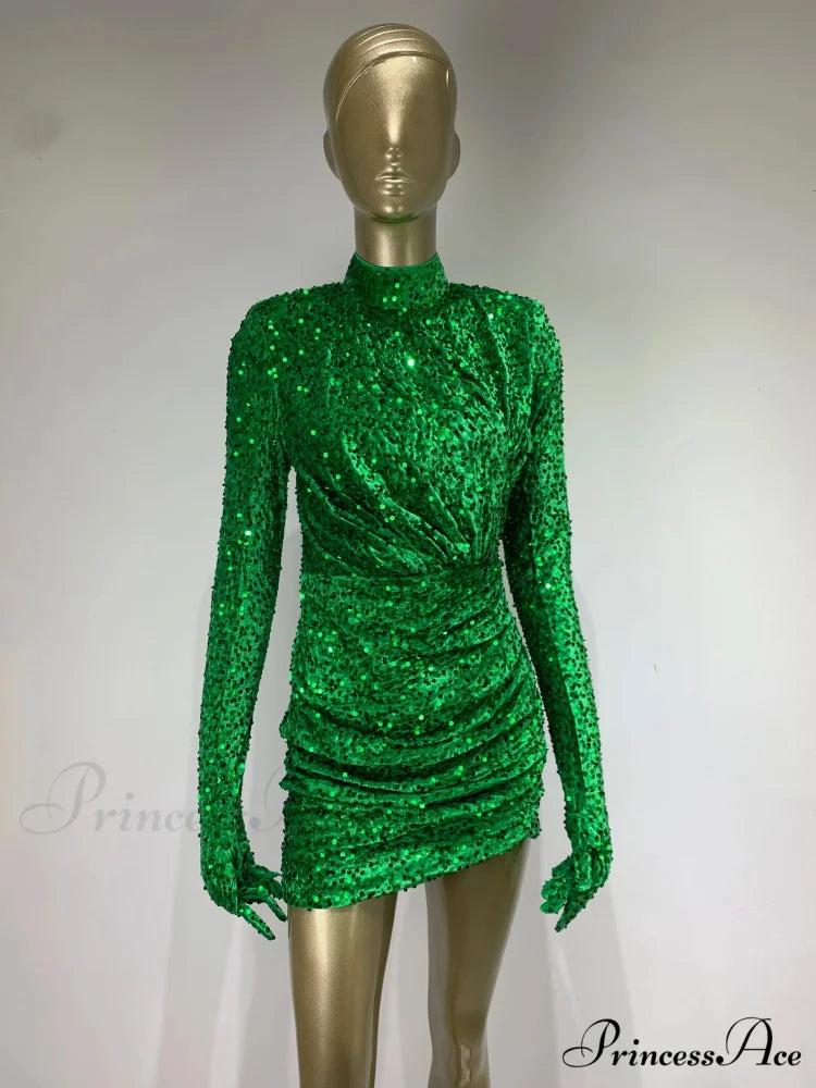 Summer Sexy Turtleneck Long Sleeve Velvet Green Mini Sequins Bodycon Christmas Party Dress