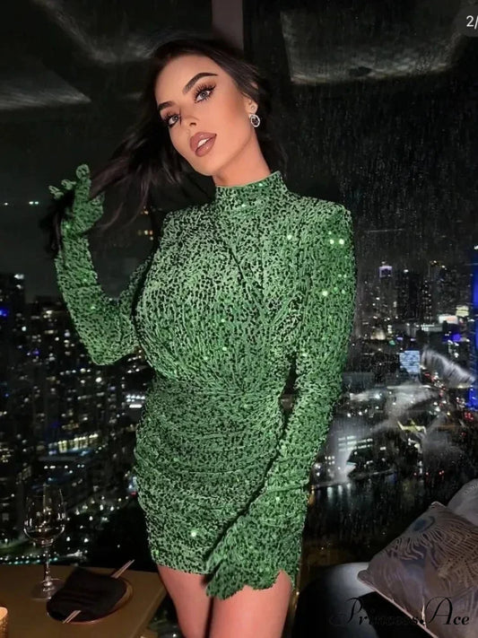 Summer Sexy Turtleneck Long Sleeve Velvet Green Mini Sequins Bodycon Christmas Party Dress Green / S
