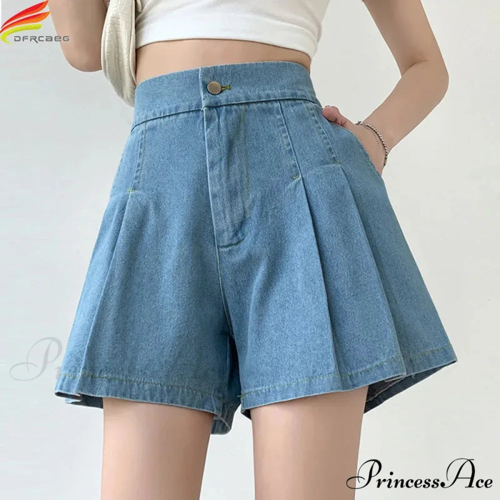 Summer Size Denim High Elastic Waist Pleated Mini Large Size Short