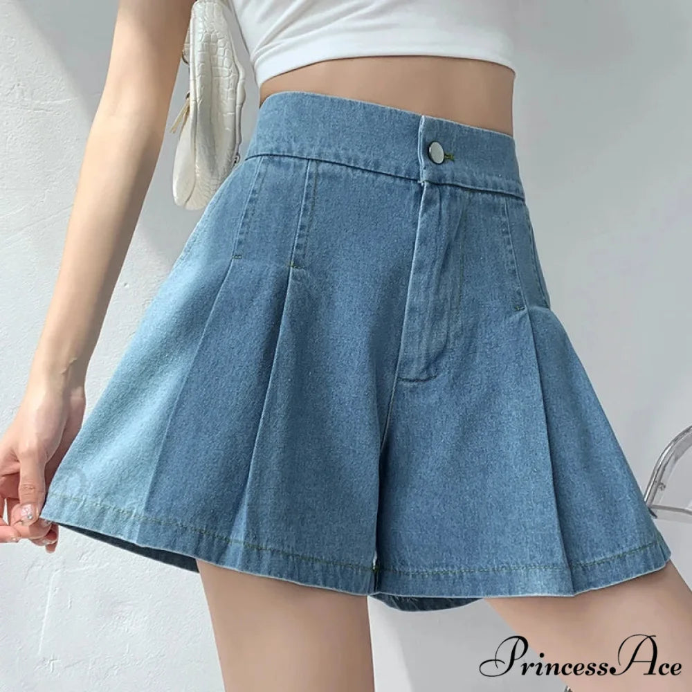 Summer Size Denim High Elastic Waist Pleated Mini Large Size Short Sky blue / L