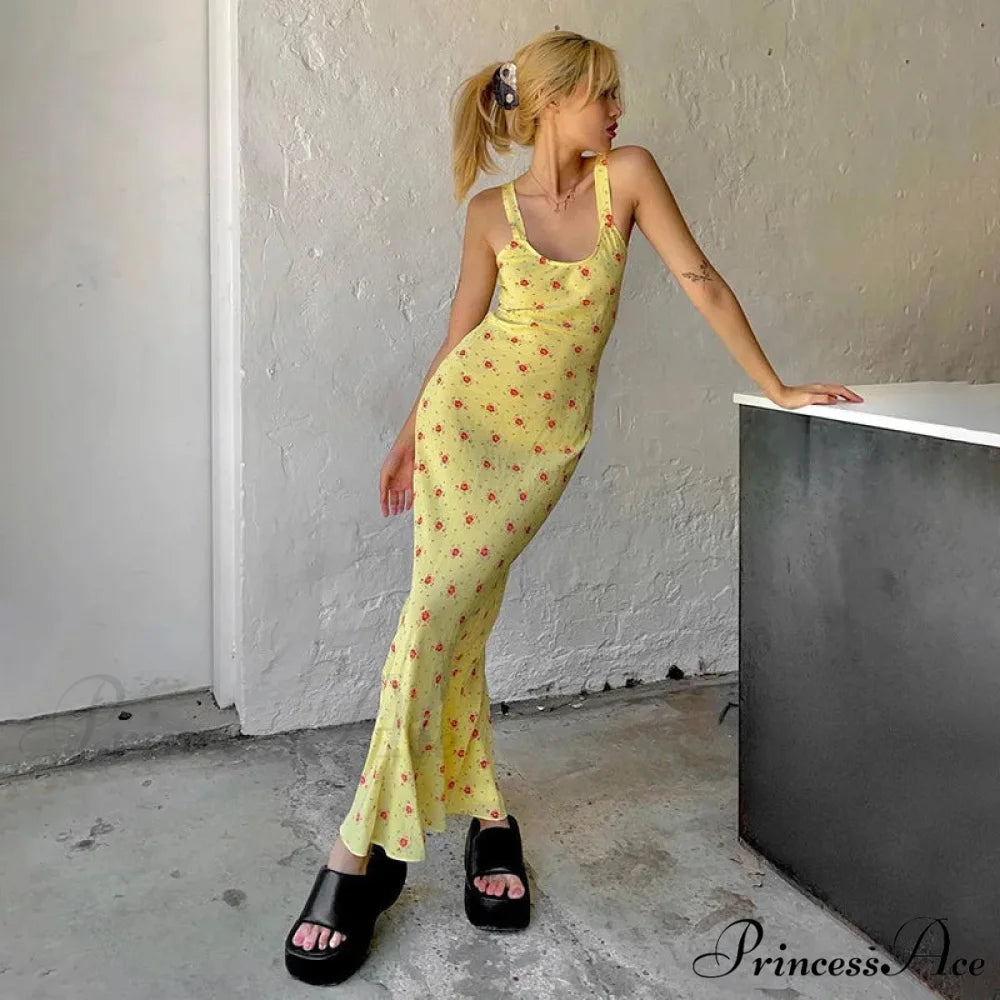 Summer Sleeveless Beach Fashion Floral Print Backless Slim Elegant Club Strap Party Bodycon Dress