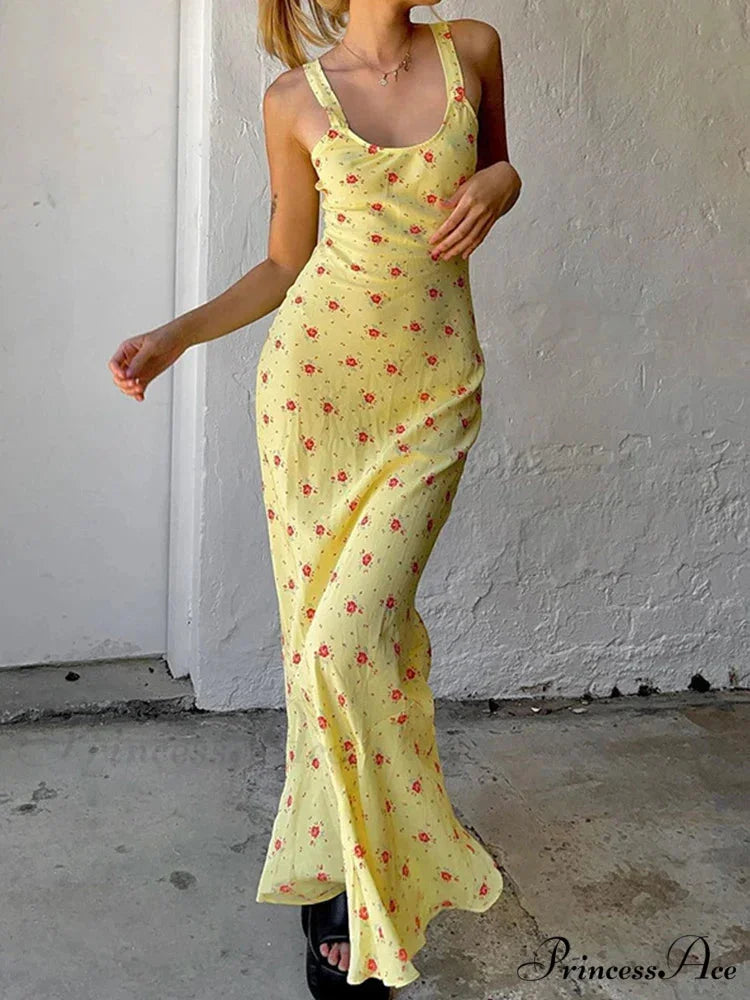 Summer Sleeveless Beach Fashion Floral Print Backless Slim Elegant Club Strap Party Bodycon Dress Yellow / S