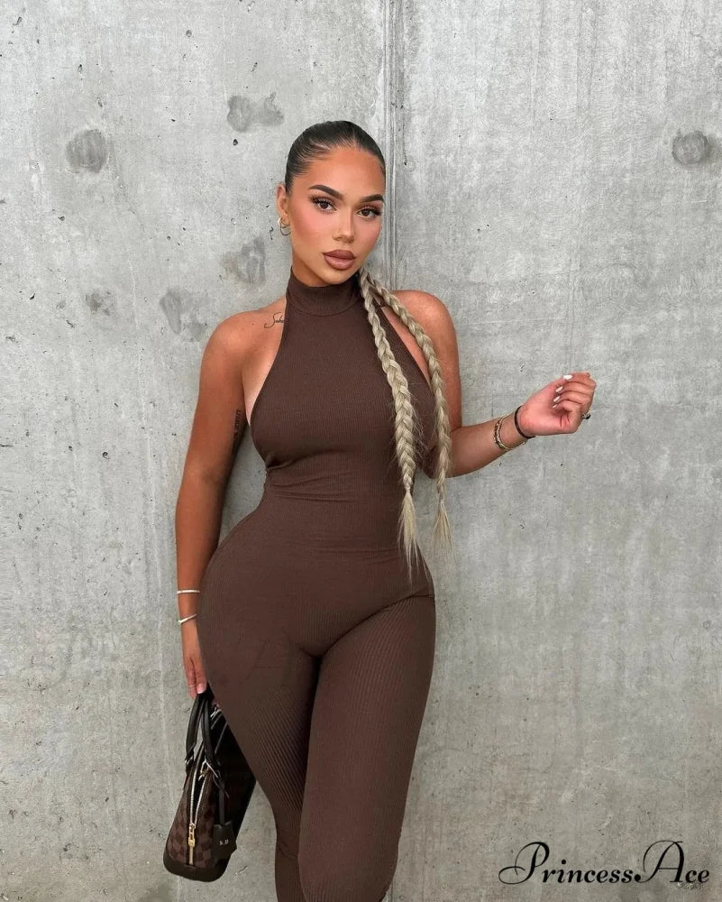 Summer Sleeveless Black Turtleneck Backless Streetwear Club Casual Skinny Sports Bodycon Dress Brown / XS
